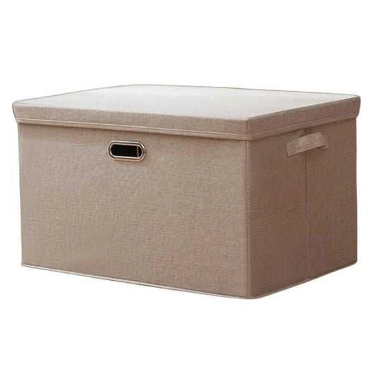 Beige foldable storage box with lid, ideal for clothes & home organization. Collapsible storage.