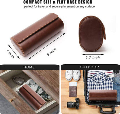 Brown leather case with dimensions and usage scenarios on a white background