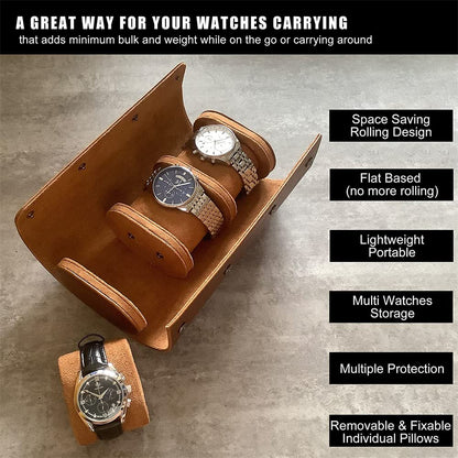 Brown watch carrying case with watches on a gray surface, featuring text about its features.