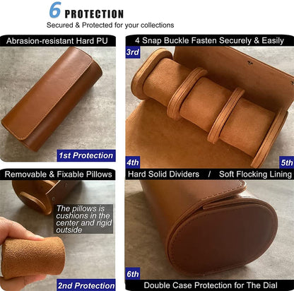 Brown leather case with features highlighted on a gray background