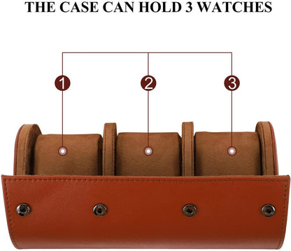 Brown watch holder with three slots for watches on a white background