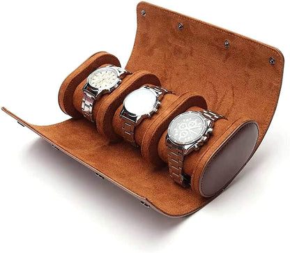 Brown watch holder with three watches on a white background